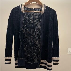 Free People Navy Lace Varsity Jacket